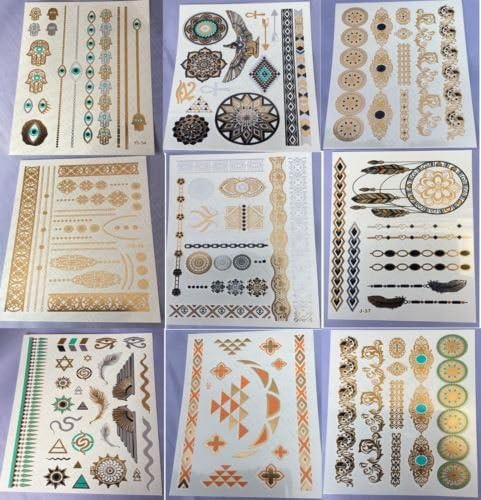 1 Set 9 Sheets Temporary Metallic Tattoo Gold Silver Black Flash Tattoos Necklac