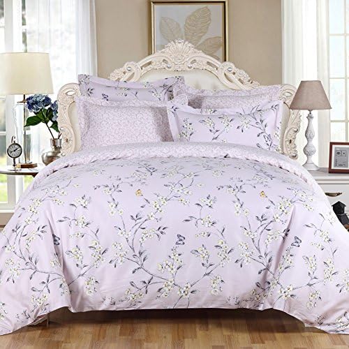 LANSIU Egyptian Cotton Duvet Cover Queen Set, White Floral Bedding on Light Grey for Girls, Reversible Printing with 300 Thread Count Percale