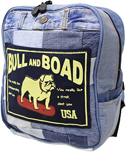 EXAS Kids Bull & Boad Print Used Denim Backpack Daypack Navy Blue