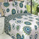 Boho Chic Blue Green Lightweight Quilt Coverlet Set Oversized King/Cal King