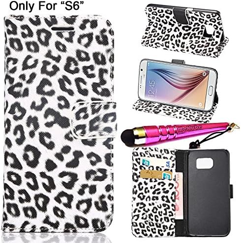 Only Fit [Galaxy S6],MeKube® Packaging- Leopard Pattern [Card Holder][Magnetic Flip Cover] Folio Stand PU Leather Case Pouch Wallet Cover For Samsung Galaxy S6, Including One Touch Stylus (White Leopard Pattern)