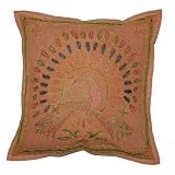 Fantastic Beautiful Peacock Design Cushion Pillow Cover with Thread Embroidery & Zari Work Brown Color Cotton Cushion Cover Throw Pillow Cover Comforter Set India (Size 16 X 16) (5 Pcs)