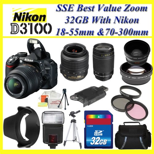 Best Price Nikon D3100 Digital SLR Camera + Nikon 18-55mm Nikkor Vr Lens + Sigma 70-300mm f/4-5.6 DG Macro Autofocus Lens for Nikon AF Kit Including Wide Angle Lens, Telephoto Lens, Filter Kit + 32gb Sdhc Memory Card & More !!