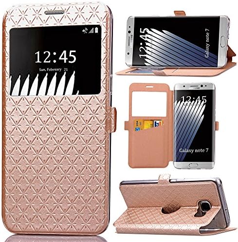 Note 7 Case, Galaxy Note 7 Case, ArtMine Quilted Plain Color Window View Function PU Leather Flip Folio Book Style Card Slots Kickstand Wallet Phone Case for Samsung Galaxy Note 7 Golden