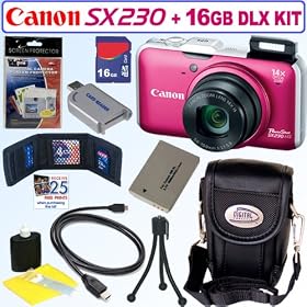 Canon PowerShot SX230HS 12 MP Digital Camera (Red-Pink) + NB-5L Battery + 16GB Deluxe Accessory Kit