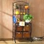 Aurora Collection Ii Black Iron Baker's Rack With 4 Wicker Drawers And 3 Shelves And Wood Work Shelf