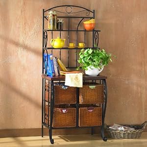 Aurora Collection Ii Black Iron Baker's Rack With 4 Wicker Drawers And 3 Shelves And Wood Work... by Southern Enterprises Inc.