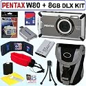 Pentax Optio W80 Waterproof 12.1MP Digital Camera (Gunmetal Gray) + 8GB Deluxe Accessory Kit