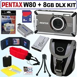 Pentax Optio W80 Waterproof 12.1MP Digital Camera (Gunmetal Gray) + 8GB Deluxe Accessory Kit