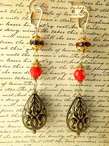 Gold & Black Resin Earrings - Vintage Rhinestone - Glassed Beaded - Vermeil - Handmade