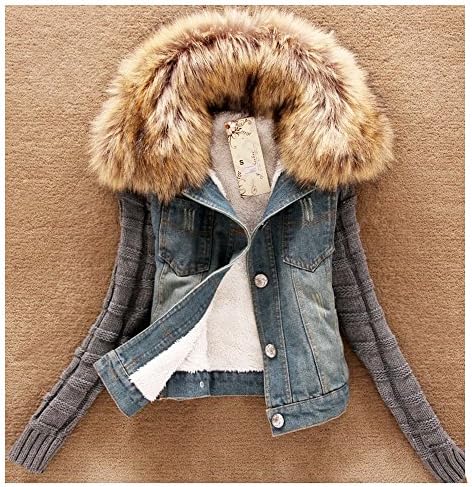 Female Jacket for Women Holes Slim with Fur Outerwear Coat Short Jeans Jacket (M)
