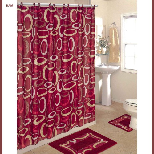 Burdundy Circles 15-piece Bathroom Set: 2-rugs/mats, 1-fabric Shower Curtain, 12-fabric Covered Rings