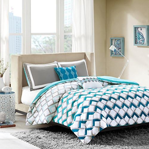 Comforter Set for Teen Girls Bundle Includes Turquoise Blue Grey White Comforter Shams Embroidered Decorative Pillows and Designer Home Sleep Mask (Twin / Twin Xl)