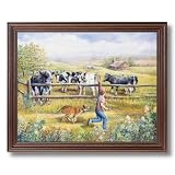 Holstein Cows Boy Puppy Dog Country Home Decor Wall Picture Cherry Framed Art Print