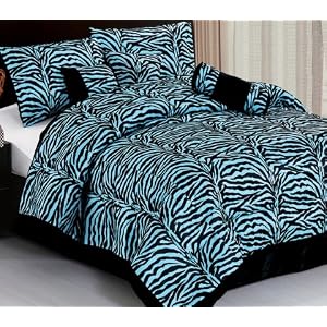 Imperial 7pcs Micro Fur Black/Sky Blue Zebra Design Comforter Bed-in-a-bag Set Queen Size Bedding