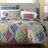 DaDa Bedding Collection Reversible Real Patchwork Cotton Fairy Forest Glade Floral Quilt Bedspread Set, Turquoise & Purple, Cal King, 3-Pieces