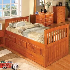 Honey Twin Rake Bed w  3 Drawers and Trundle: Desk Hutch and Chair, TV Stand, 5 Drawers