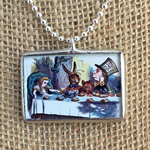 Alice in Wonderland Tea Party and the Cheshire Cat John Tenniel Vintage Art Illustrations Soldered Glass Pendant Charm Necklace