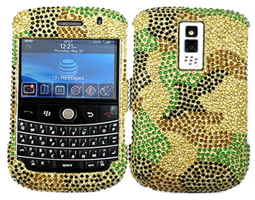 Camouflage Green Bling Rhinestone Faceplate Diamond Crystal Hard Skin Case Cover for Blackberry Bold 9000