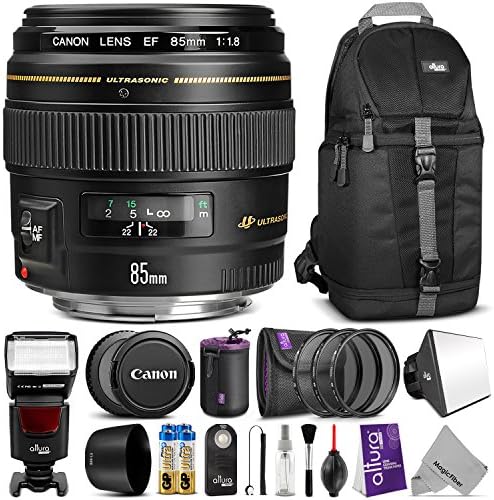 Canon EF 85mm f/1.8 USM Medium Telephoto Lens w/ Professional Bundle - Includes: Camera Sling Backpack, Altura Photo AP-UNV1 Flash, UV-CPL-ND4, Lens Pouch, Softbox Diffuser, Lens Hood, Remote Control, Camera Cleaning Set