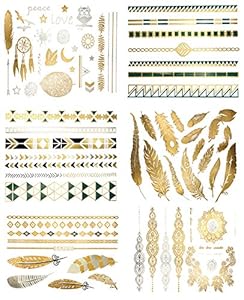Premium Metallic Tattoos - 75+ Gold, Silver, Black & Turquoise Shimmer Designs. Temporary Fake Jewelry Tattoos - Bracelets, Feathers, Wrist & Arm Bands, & More by Terra Tattoos (Chloe)