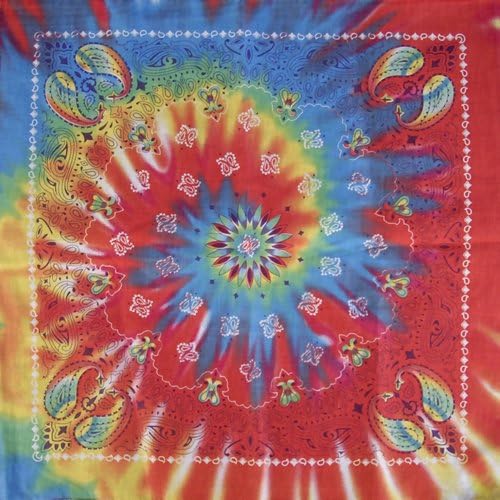 Tie Dye Paisley Design Colorful Hippie Handkerchief Red, Yellow, Purple, White and Blue Colors, 100% Lightweight Cotton