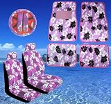 11pc Purple Hawaiian Print Car Mats Seat Steering Wheel Cover Set