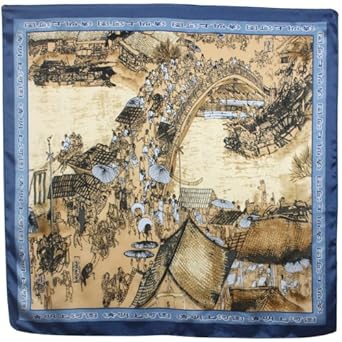 Along The River During The Qingming Festival Chinese Painting 100% Satin Charmeuse Silk Square Scarf Shawl - Colors