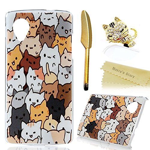 Nexus 5 Case,LG Nexus 5 Case - Mavis's Diary Painted Series Colorful Lovely Cute Cat Pattern Clear Cover Hard Case for LG Google Nexus 5 with Bling Sleeping Cat Dust Plug&Golden Feather Stylus Pen
