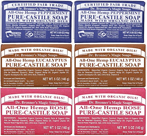 Dr. Bronner's Magic Soaps Pure-Castile Soap, Variety Pack, 5-Ounce Bars (Pack of 6)
