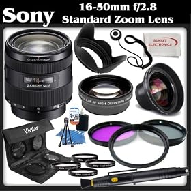 Sony 16-50mm f/2.8 Standard Zoom Lens + SSE Kit: Includes - 0.45x High Definition Wide Angle Lens, 2x Telephoto HD Lens, 3 Piece Professional Filter Kit (UV,CPL,FLD) 4 Piece Macro Close-Up Set, Tulip Lens Hood, Lens Cleaning Pen, Cap Keeper, Starters Kit & SSE Microfiber Cleaning Cloth