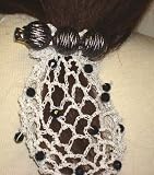 Hand Crocheted White Rayon Cotton Gimp Small Dress Snood Trimmed with Black Beads Mounted on French Barrette with Three Gun Metal Buttons