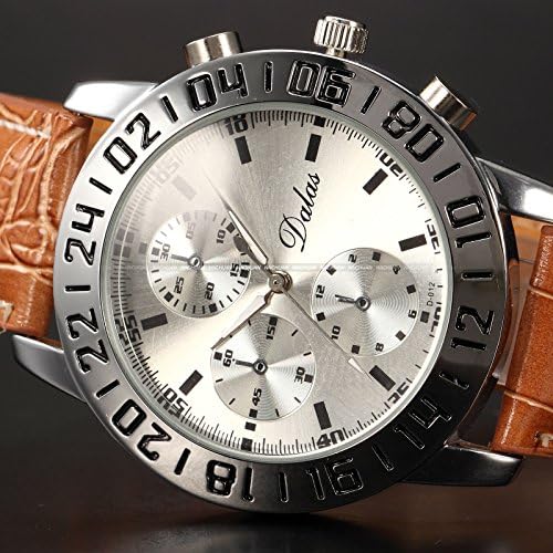 New Fashion Silver Case Synthetic Leather Men Quartz Wrist Sport Watch Brown