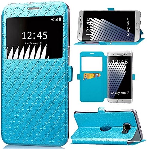 Note 7 Case, Galaxy Note 7 Case, ArtMine Quilted Plain Color Window View Function PU Leather Flip Folio Book Style Card Slots Kickstand Wallet Phone Case for Samsung Galaxy Note 7 Blue