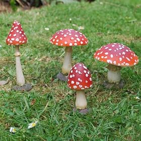 Set Of Four Coloured Resin Mushroom or Toadstool Garden Ornaments