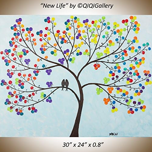 Modern Wall Art Painting Original oil painting abstract landscape painting Easter decorations red blue purple flowers modern art love birds palette knife canvas art "New Life" by qiqigallery