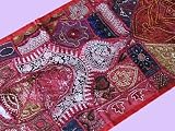 CRIMSON SARI BEADED HANGING RUNNER INDIAN WALL TAPESTRY