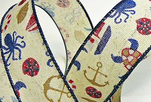 Nautical Burlap Ribbon, Designer Wired Ribbon, Anchors, Sailboats, Sea Turtles. 1 ½" W, 10 Yds, #9