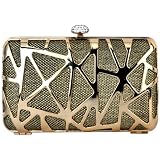 Metallic Gold Geometric Abstract Rhinestone Clasp Small Box Clutch Hard Case Baguette Evening Bag Purse Minaudiere w/Shoulder Chain
