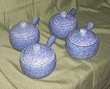 Set of 4 Blue Spongeware Pottery Bean Pots Handled Soup Bowl
