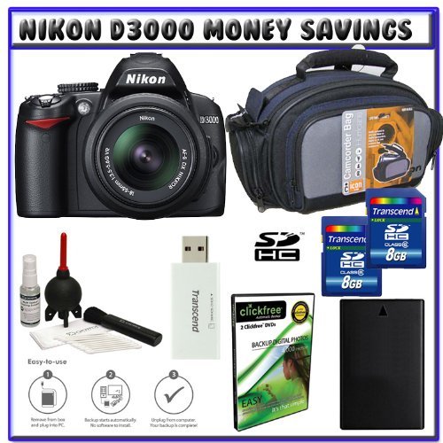 Nikon D3000 10MP Digital SLR Camera w/ 18-55mm f/3.5-5.6G AF-S DX VR Nikkor Zoom Lens w/ Two (2) Transcend 8GB SDHC Card + EN-EL9a Battery + Case + Accessory Kit