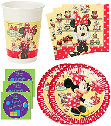 Minnie Mouse Cafe Birthday Party Supplies Set Plates Napkins Cups Kit for 16 Plus Stickers