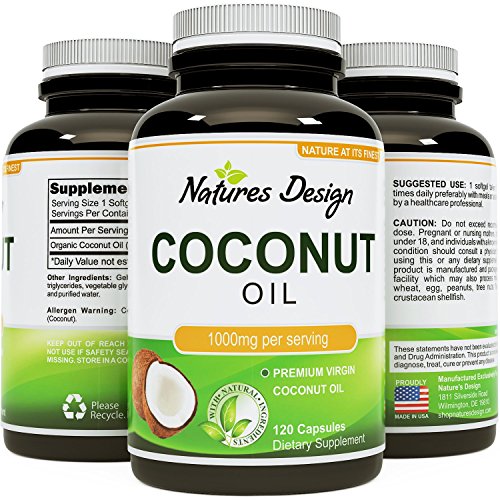 #1 Pure & Organic Coconut Oil - Cold Pressed - Highest Grade and Quality Capsules (Best Supplements) - Certified Full Strength - 100% Natural - 1000 mg per Serving - 120 Capsules by Natures Design