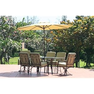 Patio Dining Table, Chairs, Cushions, and Umbrella