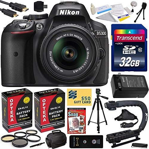 Nikon D5300 24.2 MP CMOS Digital SLR Camera with 18-55mm f/3.5-5.6G ED VR II AF-S DX NIKKOR Zoom Lens (Black) (1522) with Must Have Accessory Bundle Kit includes 32GB SD Memory Card + SD Card Reader + 60" Tripod + Carrying Case + HDMI Cable + (2) Extra Battery &amp; Charger + 52MM 5 Piece Filter Set + Shutter Remote Control + DSLR Grip Action Handle + Leather Camera Hand Strap + DVD Training Photography Tutorial + $50 Gift Card for Digital Prints + Lens Cleaning Kit with Dust Remover