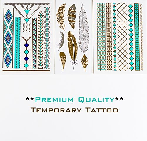 *PREMIUM* Temporary Tattoo *Turquoise-Silver-Gold* Fashion Body Jewelry - Feathers - Necklace - Dreamcatcher - Bird - Tribal