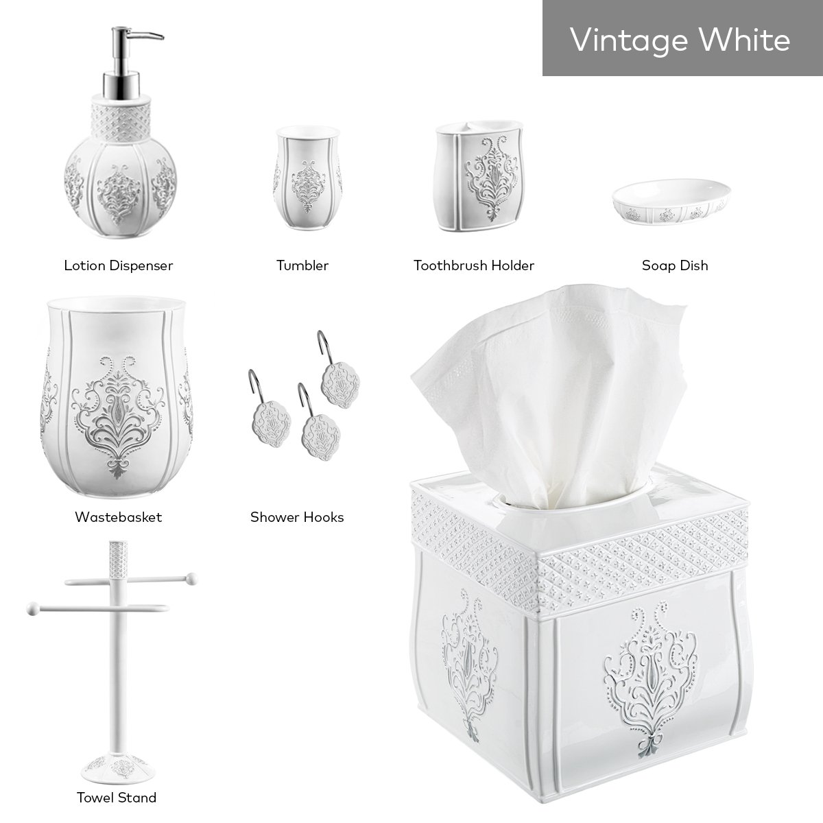 Creative Scents Vintage White Bathroom Trash Can (7.25"x 7.25"x 9.75") Decorative Wastebasket