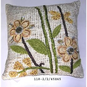 Decorative cushion cover or throw pillow from India - Cream and light brown color, floral... by thisIndia