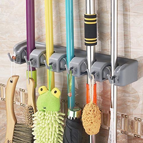 Mesinton Mop&amp;Broom Magic Holder - Adjustable Positions with Hooks - Wall and Closet Mounted Organizer, Brooms, Mops, Rakes, Garden Equipment, Sports Equipment Storage Organiser Hanger (5-Position)