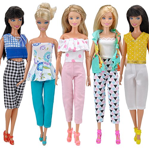 E-TING 5 Set Doll Clothes Outfit 5 Tops 5 Trousers Pants for Barbie Doll Picture Style